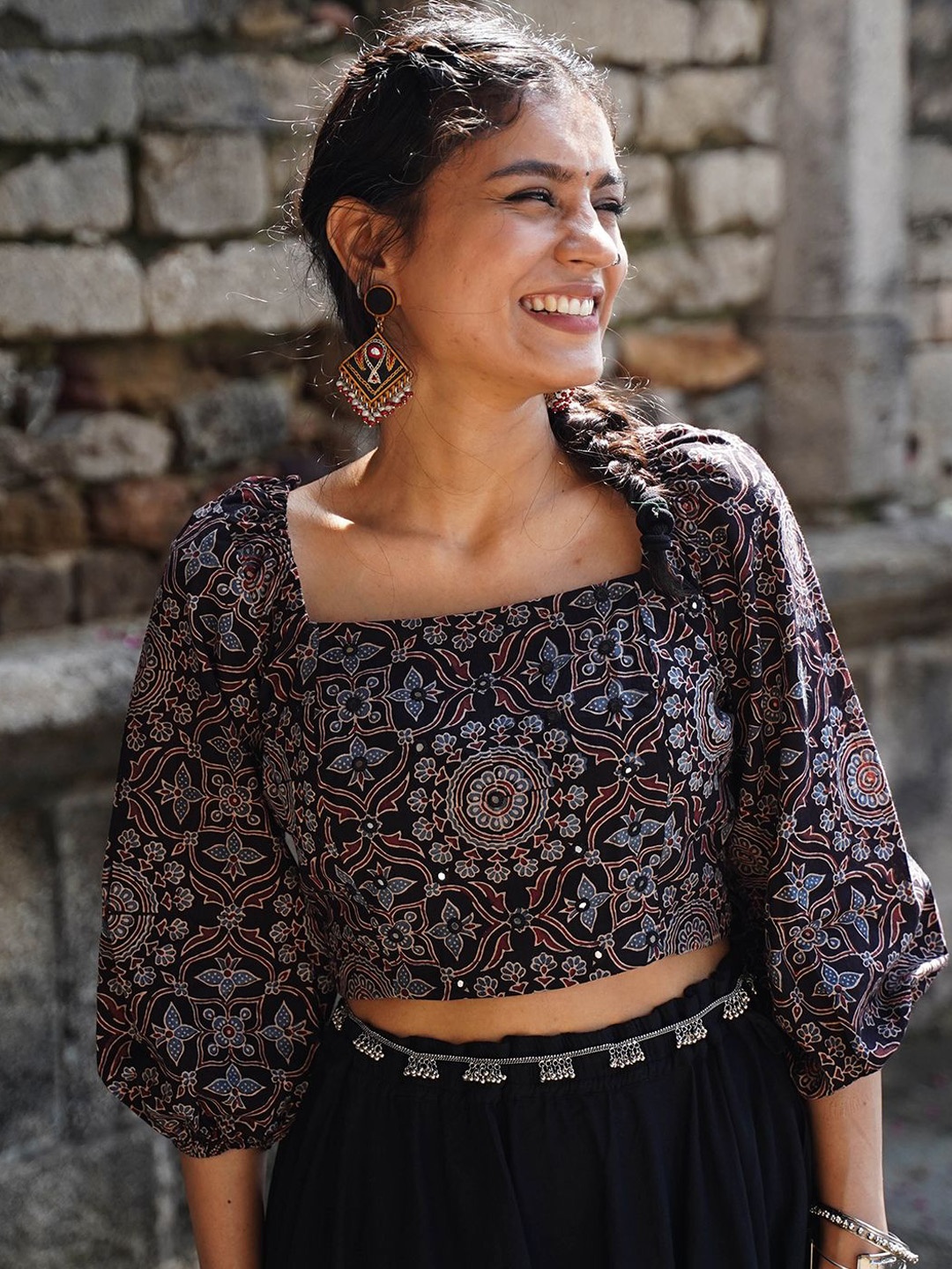 

OKHAI Embroidered Ajrakh Pure Cotton Pratha Top, Black