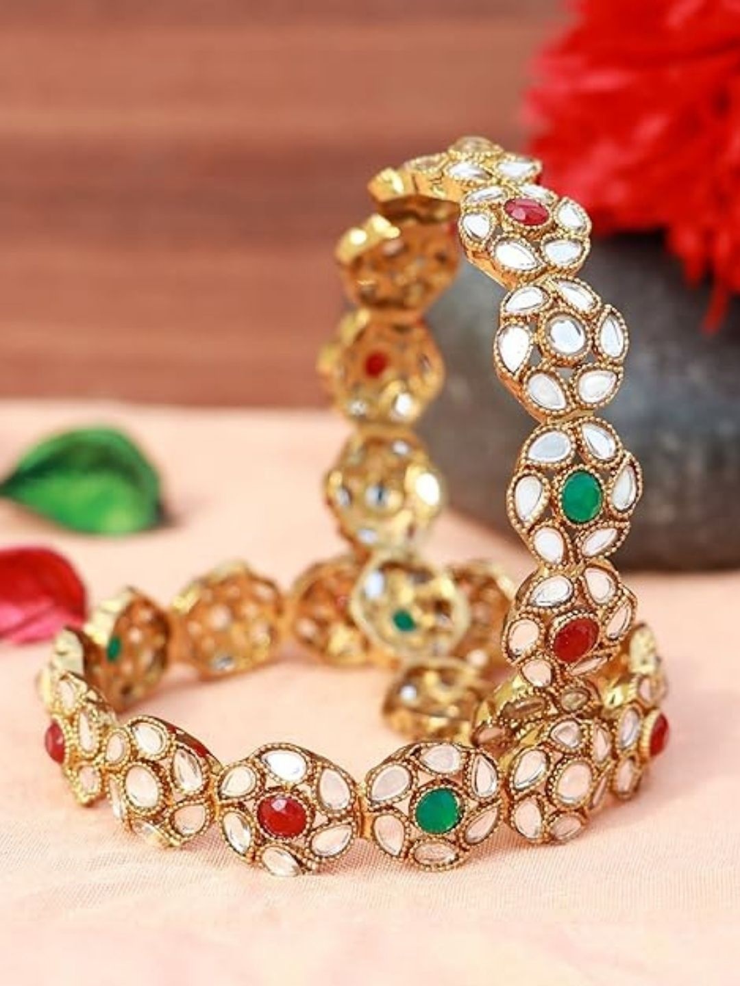 

I Jewels Set Of 2 Gold Plated Kundan Stone Studded Bangles