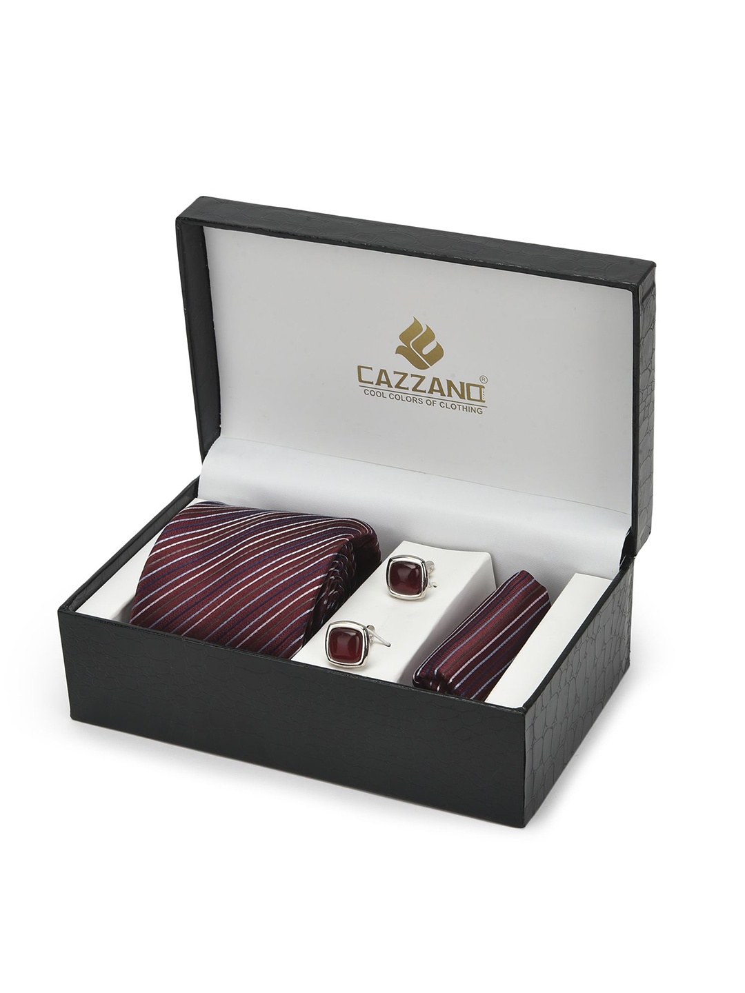 

Cazzano Men Striped Embroidered Slim Tie Cufflinks & Pocket Square Accessory Gift Set, Burgundy