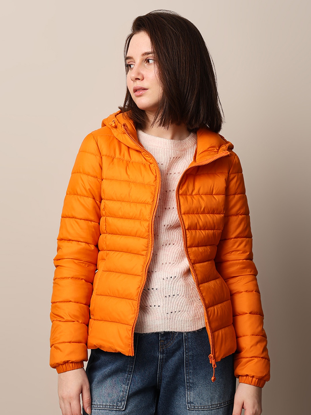 

ONLY Women Hooded Solid Nylon Casual Padded Jacket, Orange