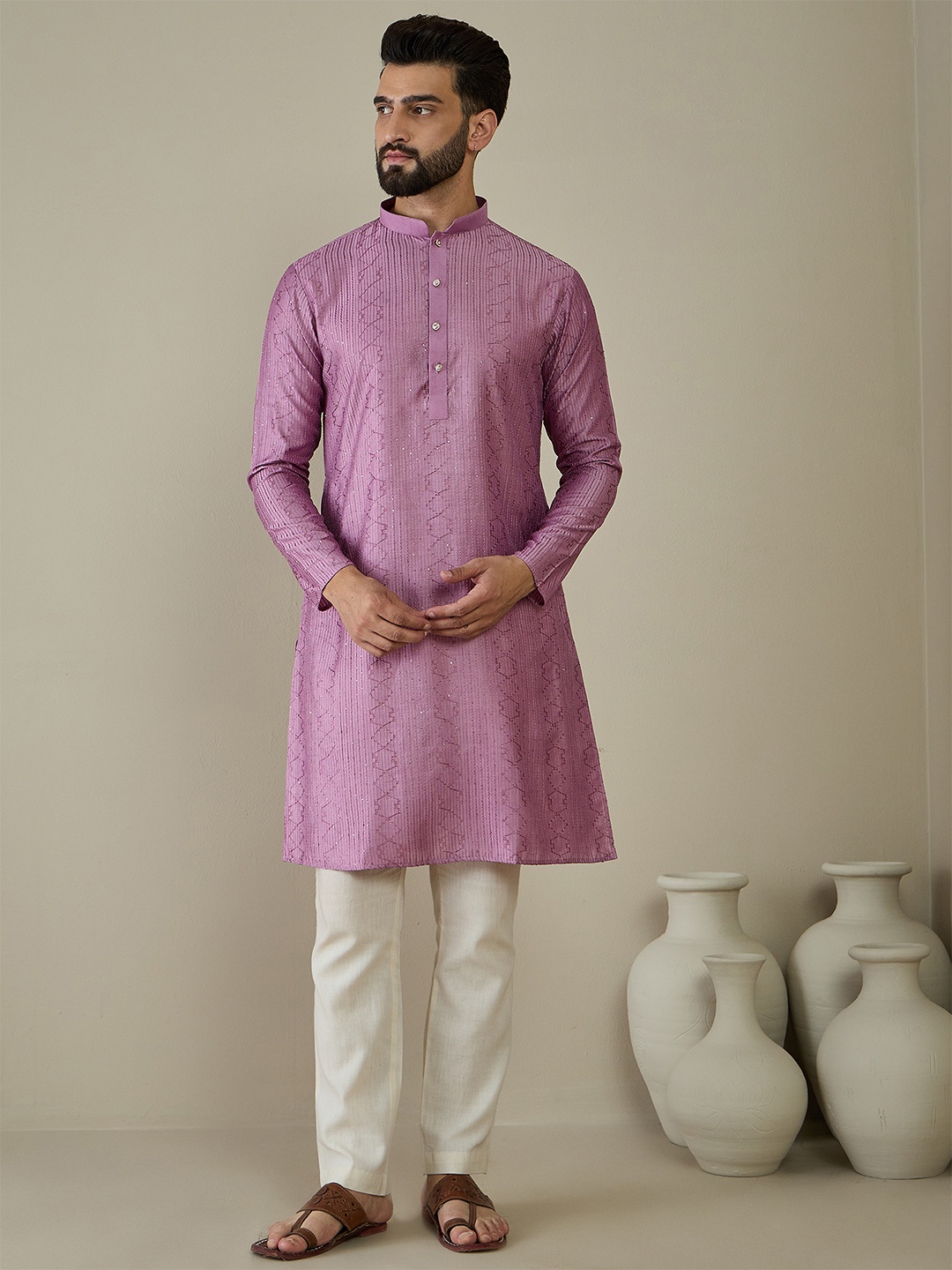 

Anouk Men Ethnic Motifs Embroidered Thread Work Kurta, Lavender