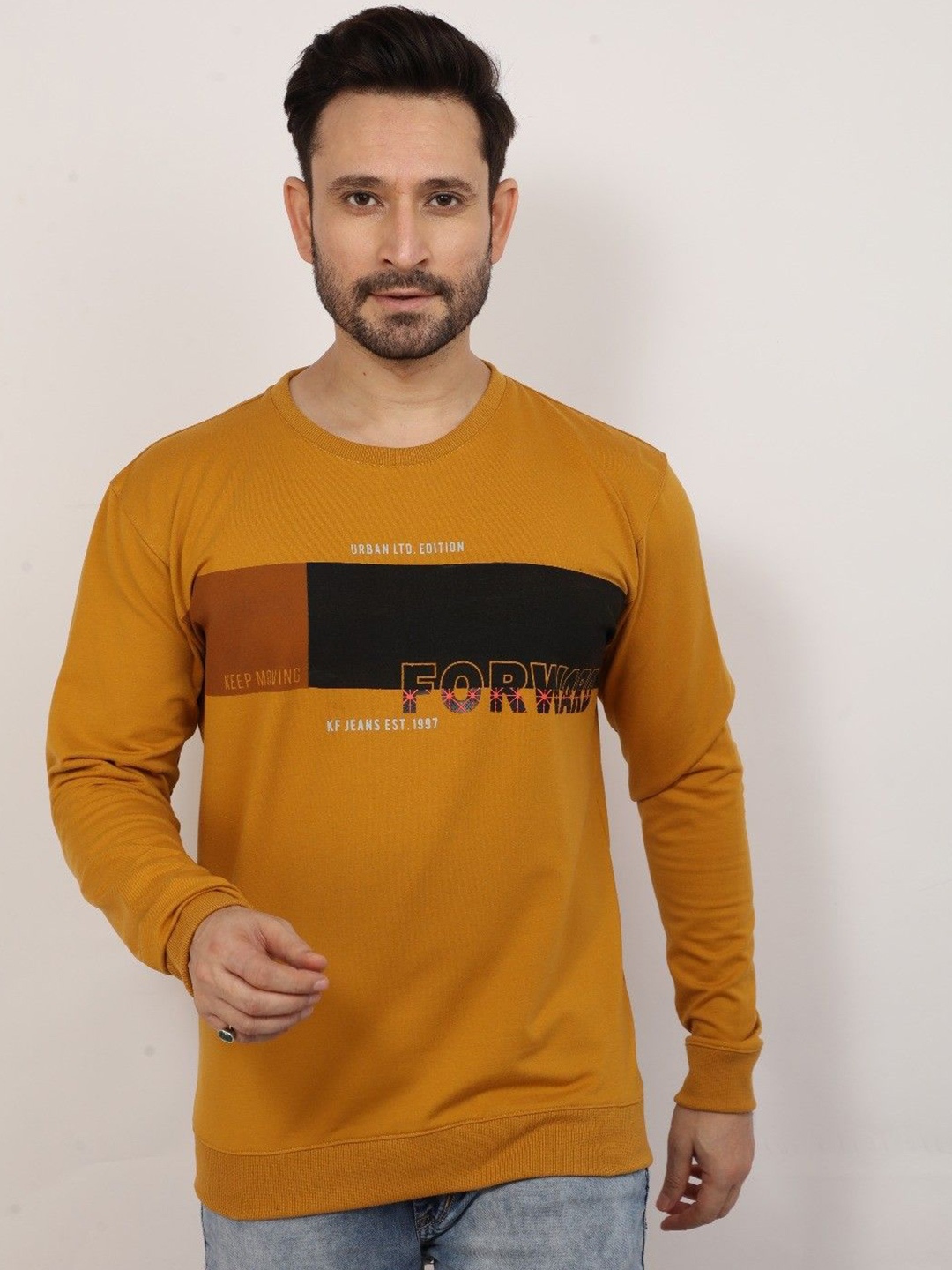 

Klub Fox Men Typography Printed Round Neck Cotton Pullover Sweatshirt, Mustard