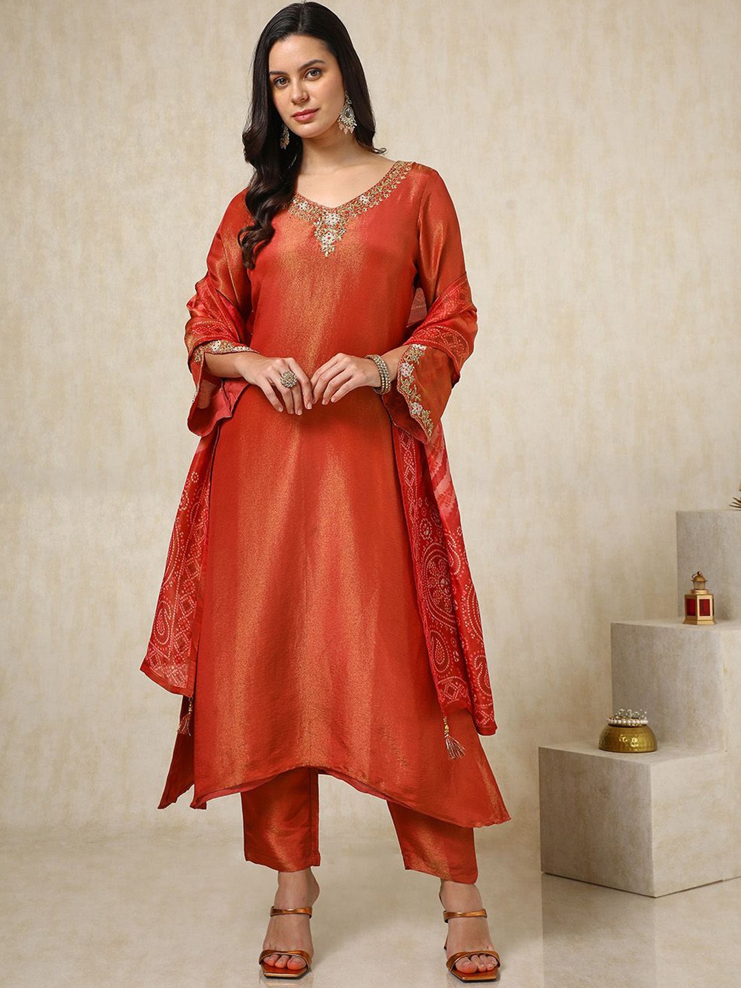 

Soch Embroidered Beads and Stones A Line Kurta with Trousers & Dupatta, Rust