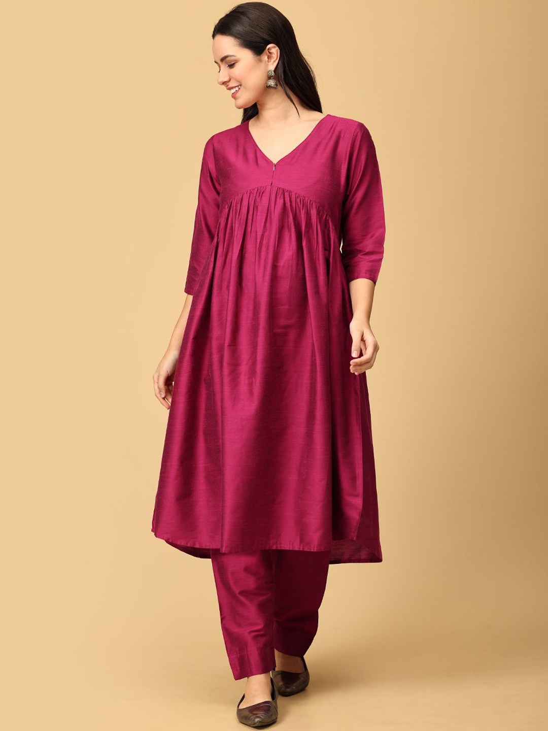 

The Mom Store V Neck Maternity Anarkali Kurta with Pyjamas, Magenta