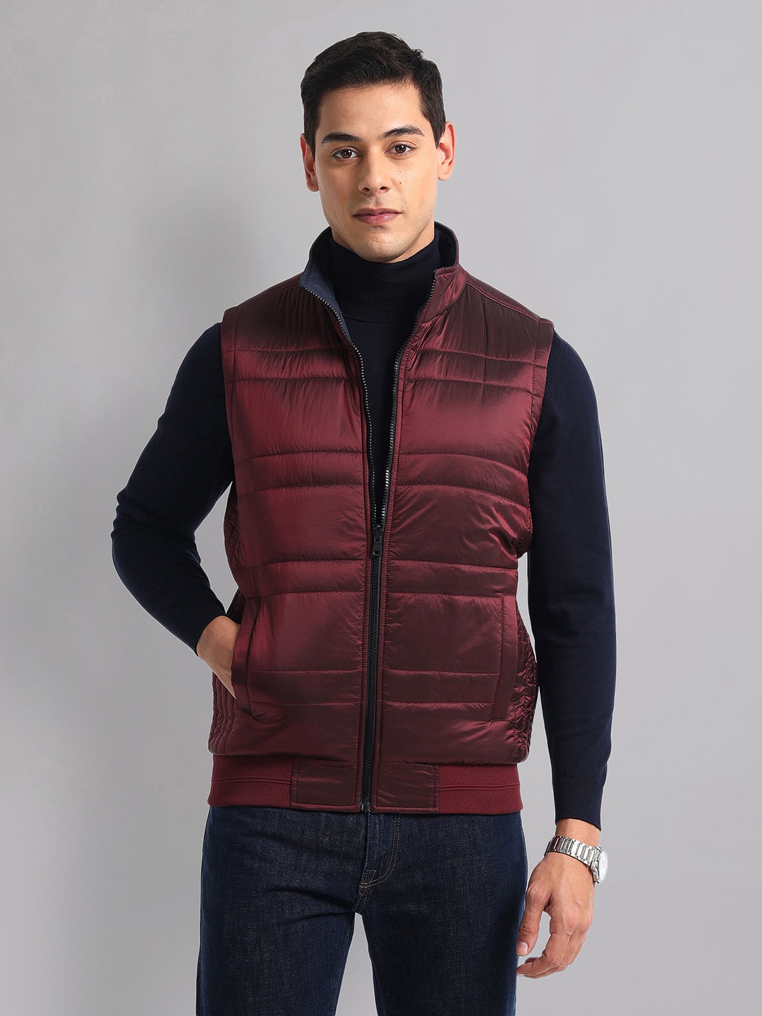 

AD By Arvind Men Solid Mock Collar Quilted Reversible Jacket, Red