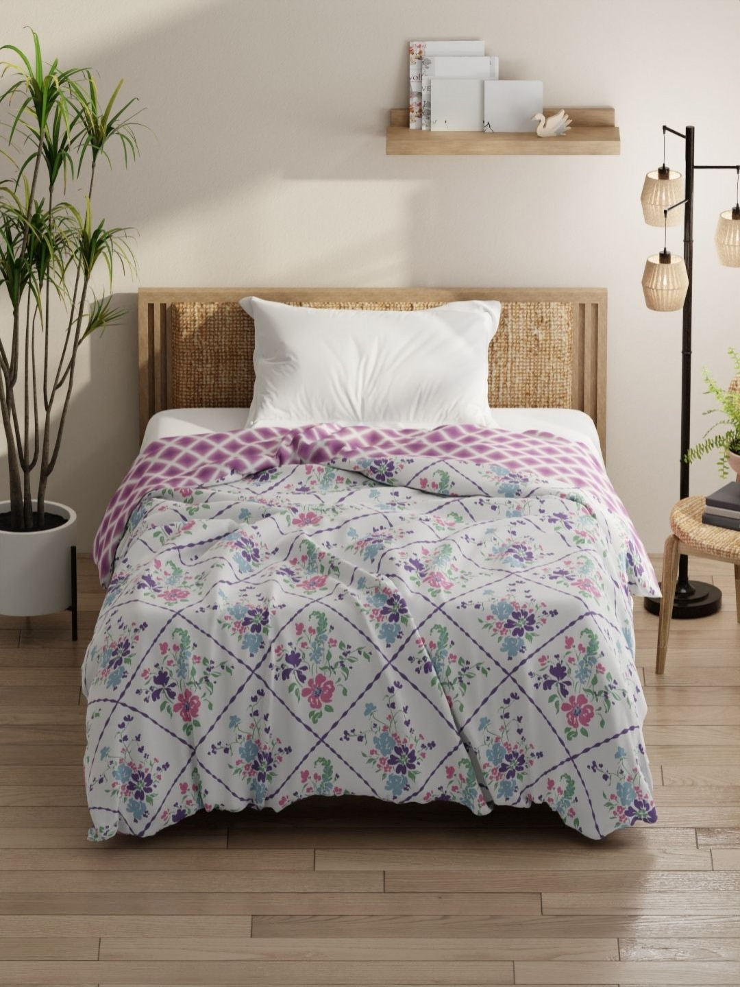 

KOPA Denim Cotton White & Blue Floral Microfiber AC Room 150 GSM Single Bed Comforter