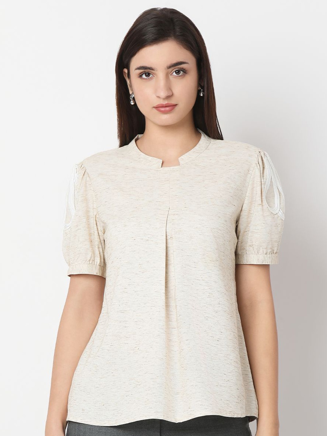 

NOT SO PINK Embellished Print Mandarin Collar Puff Sleeve Cotton Top, Beige