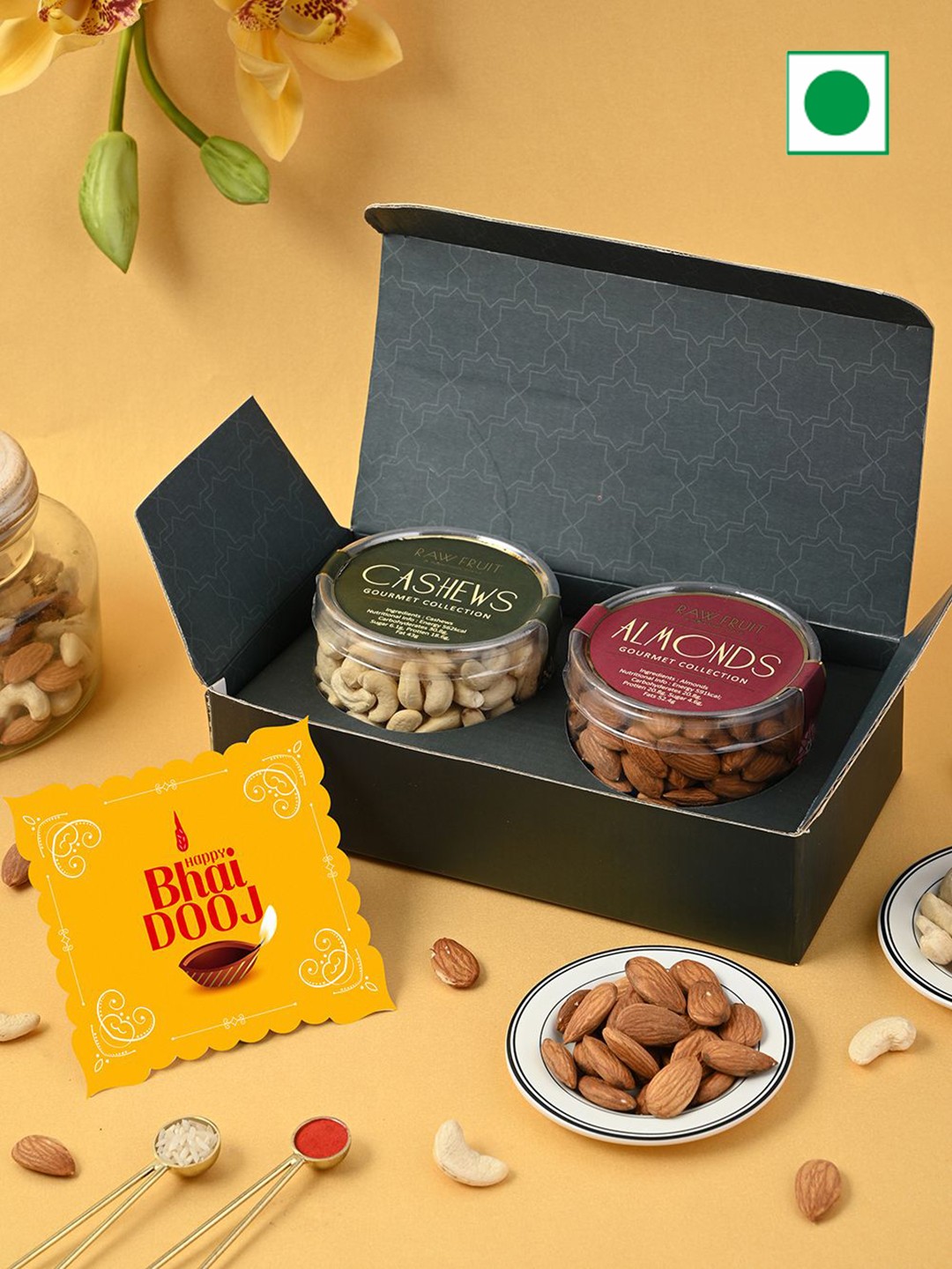 

RawFruit Bhai Dooj Dry Fruit Gift Pack With Roli Chawal, Green