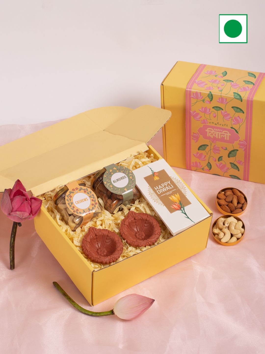 

Confetti Gifts 5-Pcs Dry Fruits Chocolate With Greeting Card & Diya Gift Set, Yellow