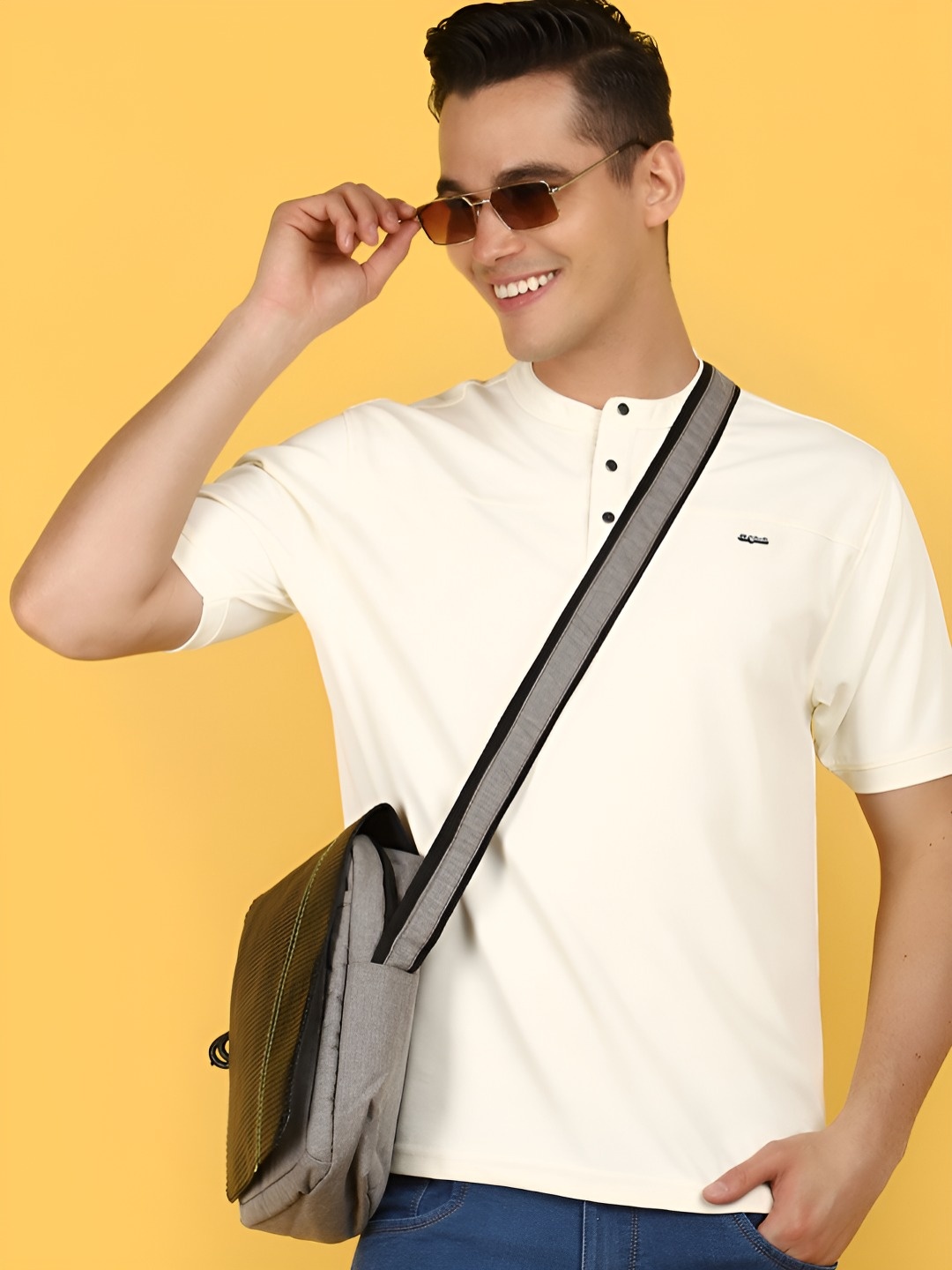 

V-Mart Men Solid Henley Neck Cotton T-shirt, Beige