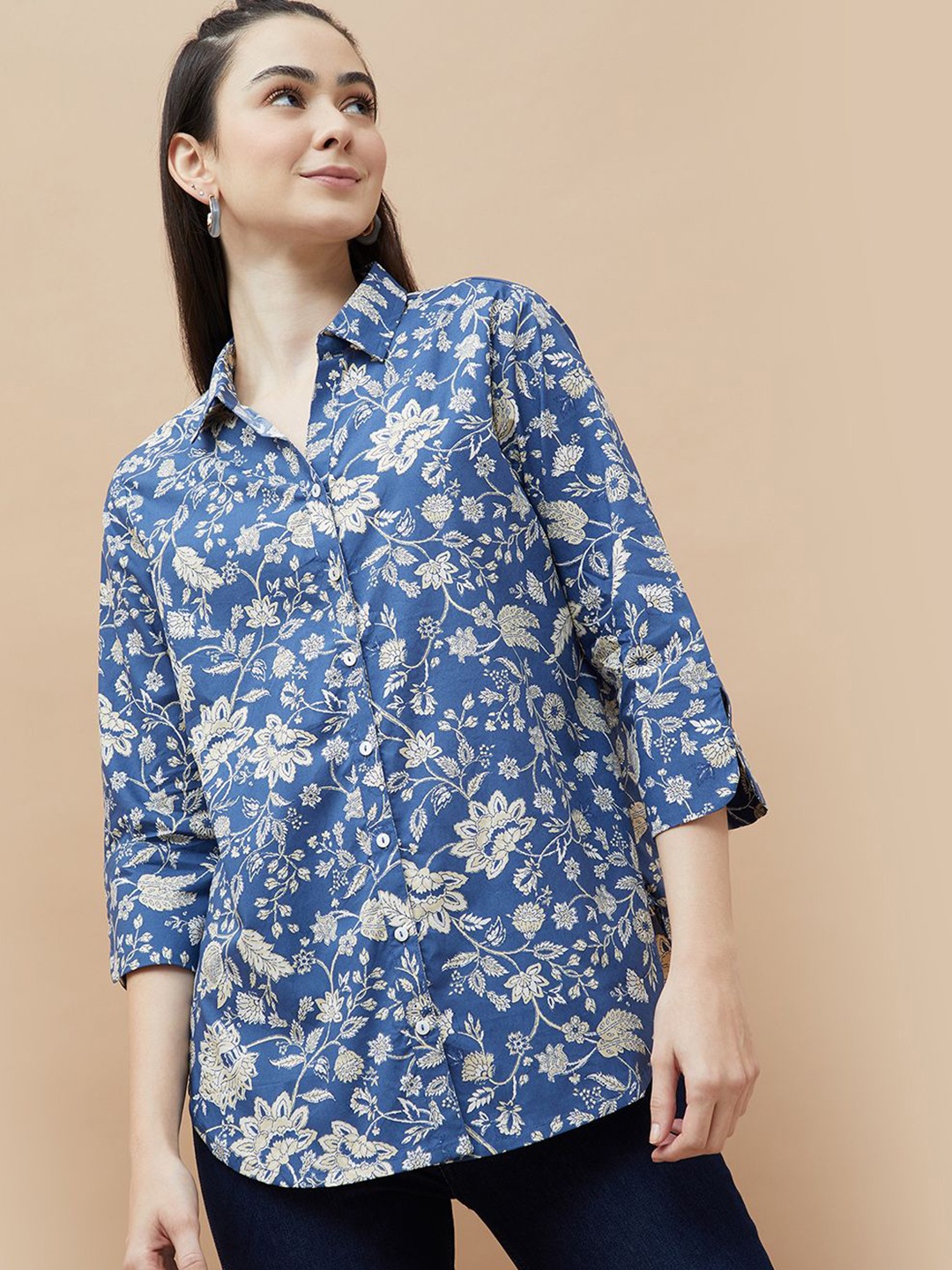 

Colour Me by Melange Women Cutaway Collar Floral Printed Cotton Casual Shirt, Blue