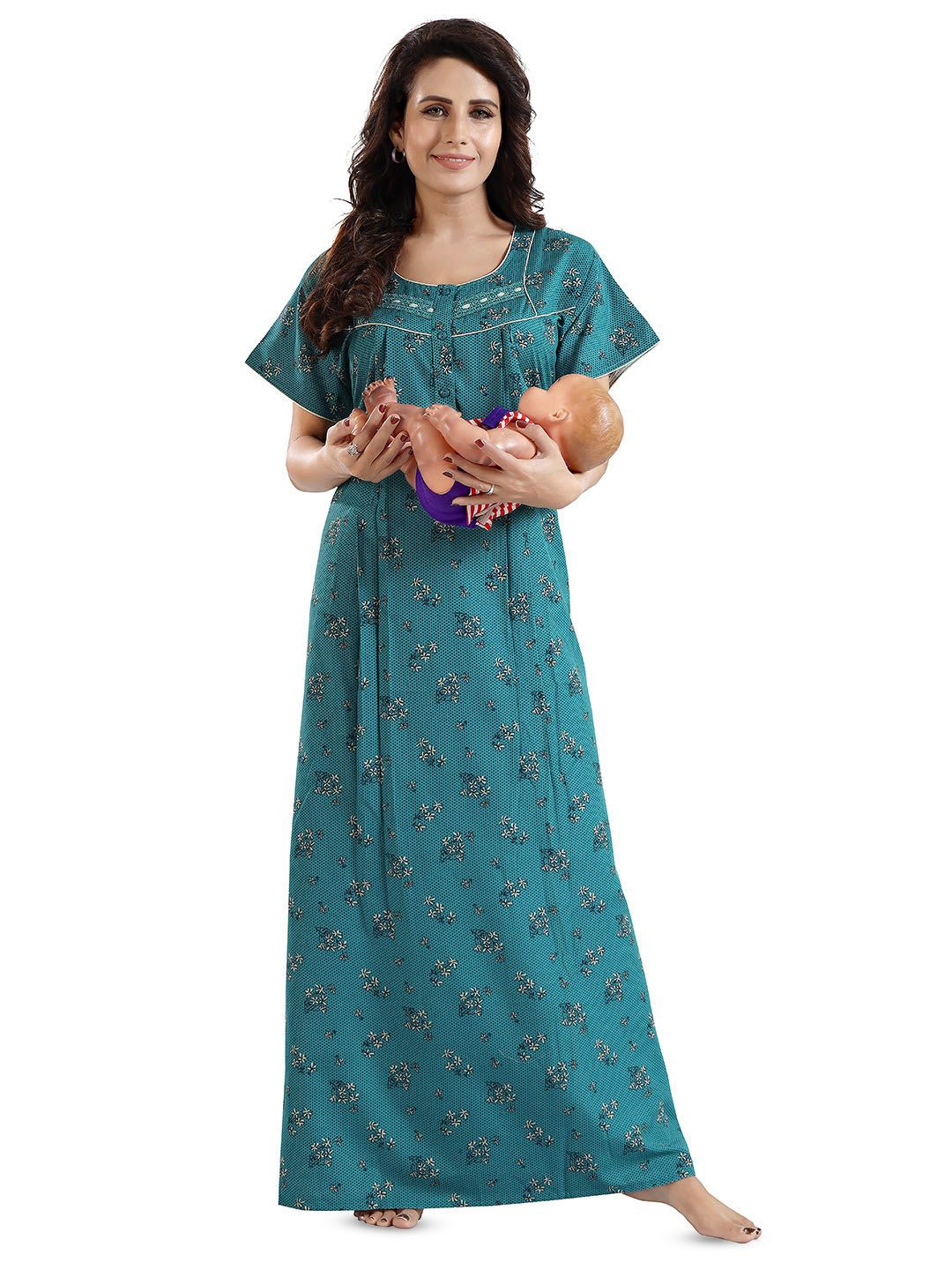 

NIGHT QUEEN Women Floral Printed Maxi Nightdress, Turquoise blue