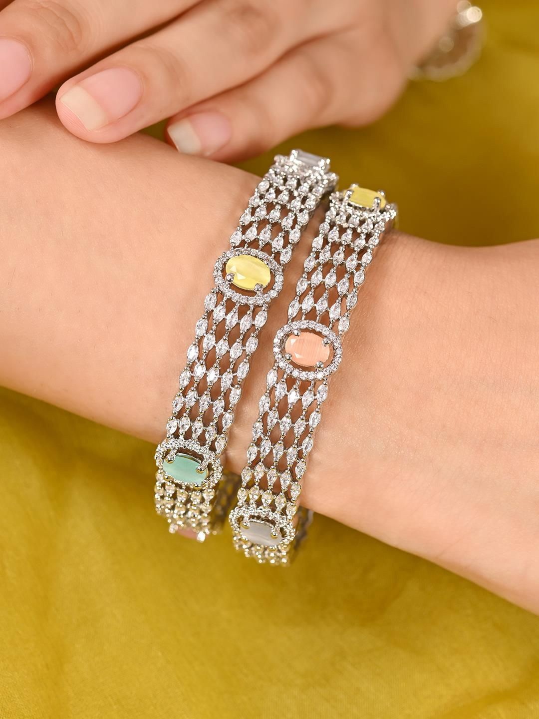 

RATNAVALI JEWELS Set Of 2 Silver-Plated AD-Studded Bangles