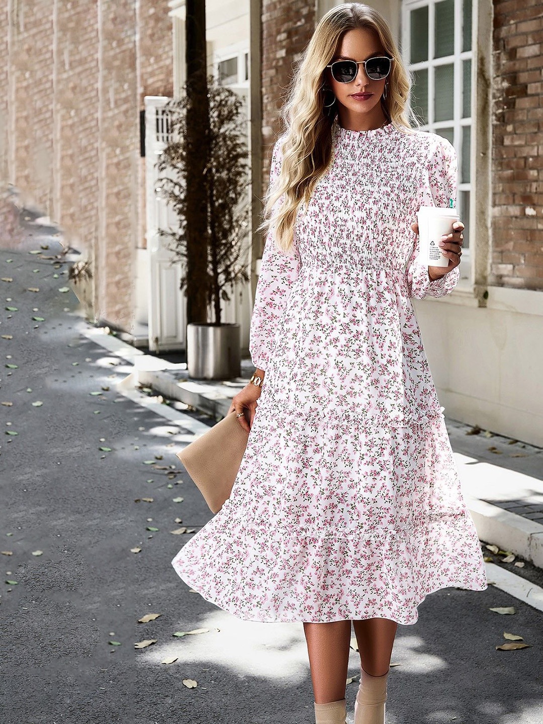 

StyleCast Floral Printed Mock Neck A-Line Midi Dress, White