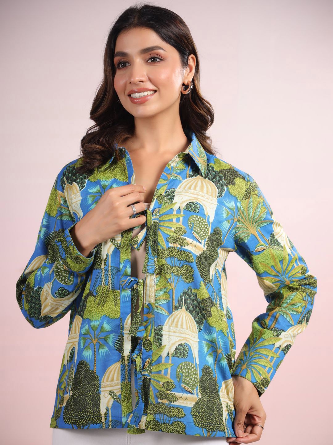 

LYFJ Women Abstract Printed Shirt Collar Cotton Top, Green