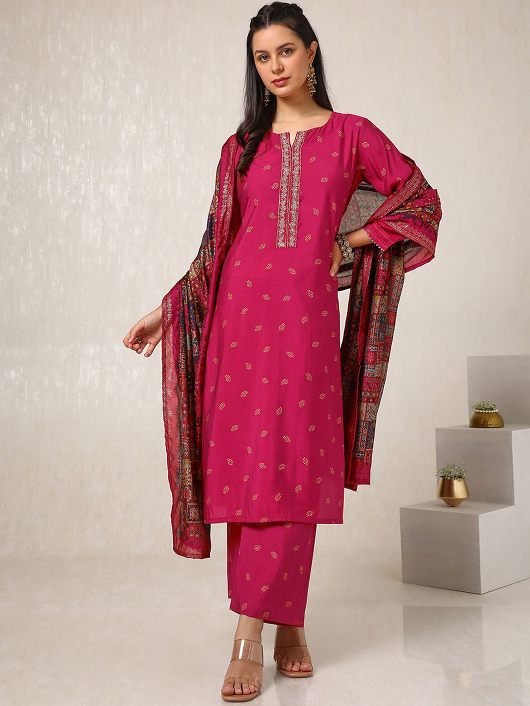 

Soch Ethnic Motifs Printed Thread Work Straight Kurta with Palazzos & Dupatta, Pink