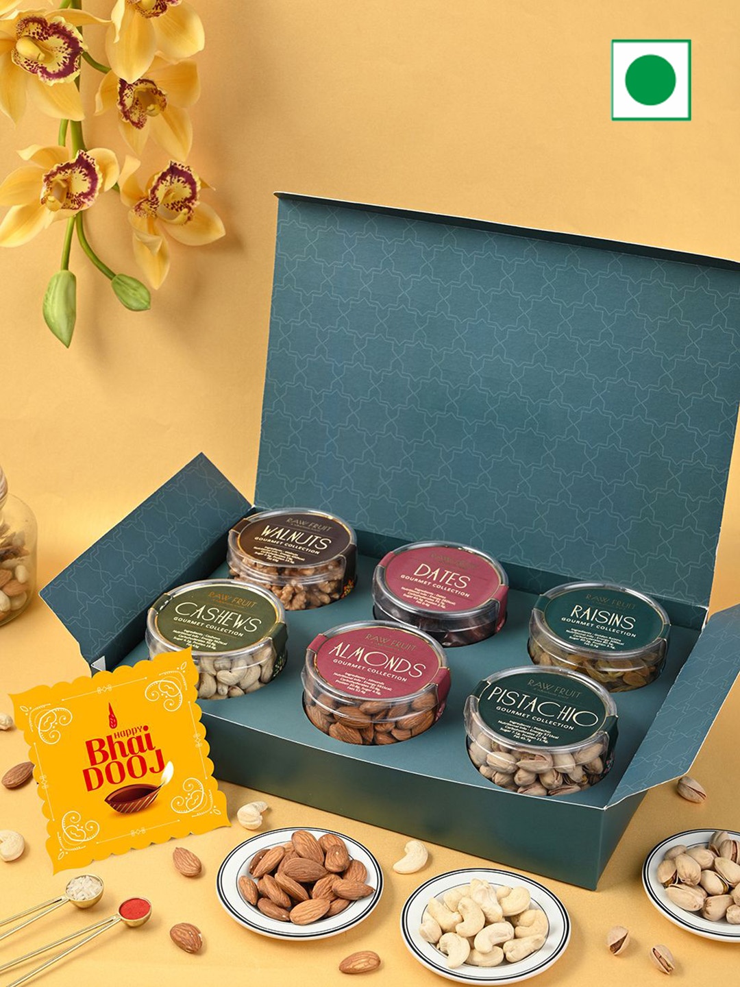 

RawFruit Bhai Dooj Dry Fruit Gift Pack With Roli Chawal, Green