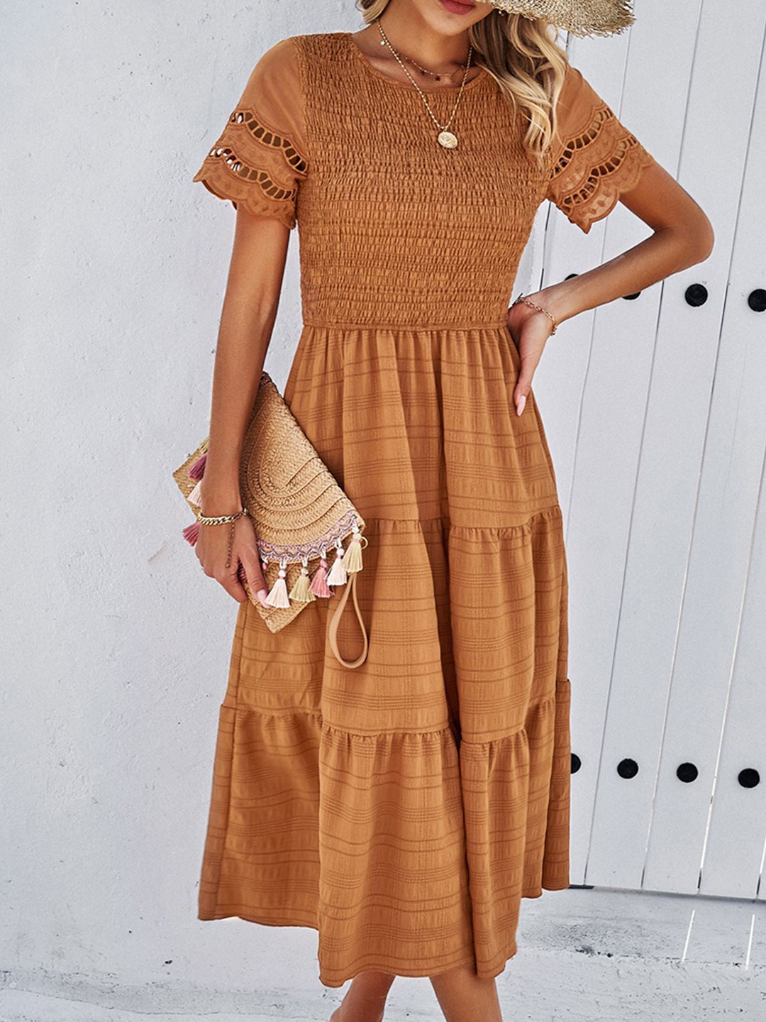 

StyleCast Fit and Flare Smocked Midi Dress, Brown