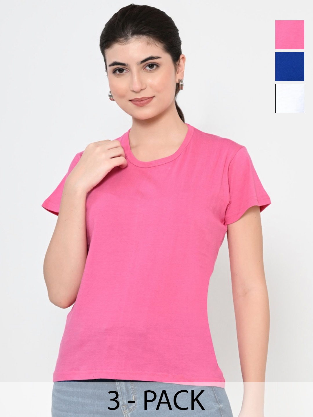 

BAESD Women Pack Of 3 Solid Round Neck Cotton T-shirts, Pink