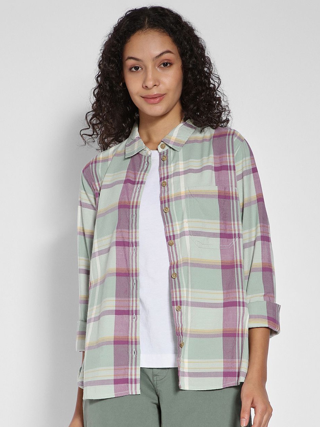 

AMERICAN EAGLE OUTFITTERS Women Tartan Checked Cotton Relaxed Fit Casual Shirt, Green