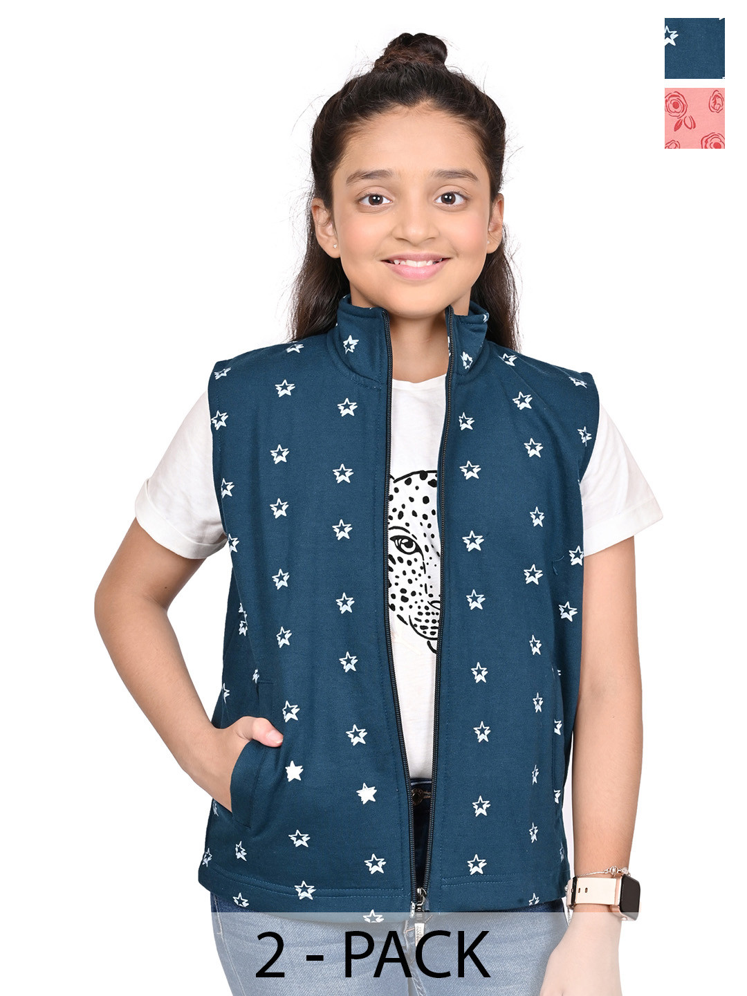 

BAESD Girls Pack Of 2 Mock Collar Floral Printed Fleece Casual Open Front Jackets, Teal