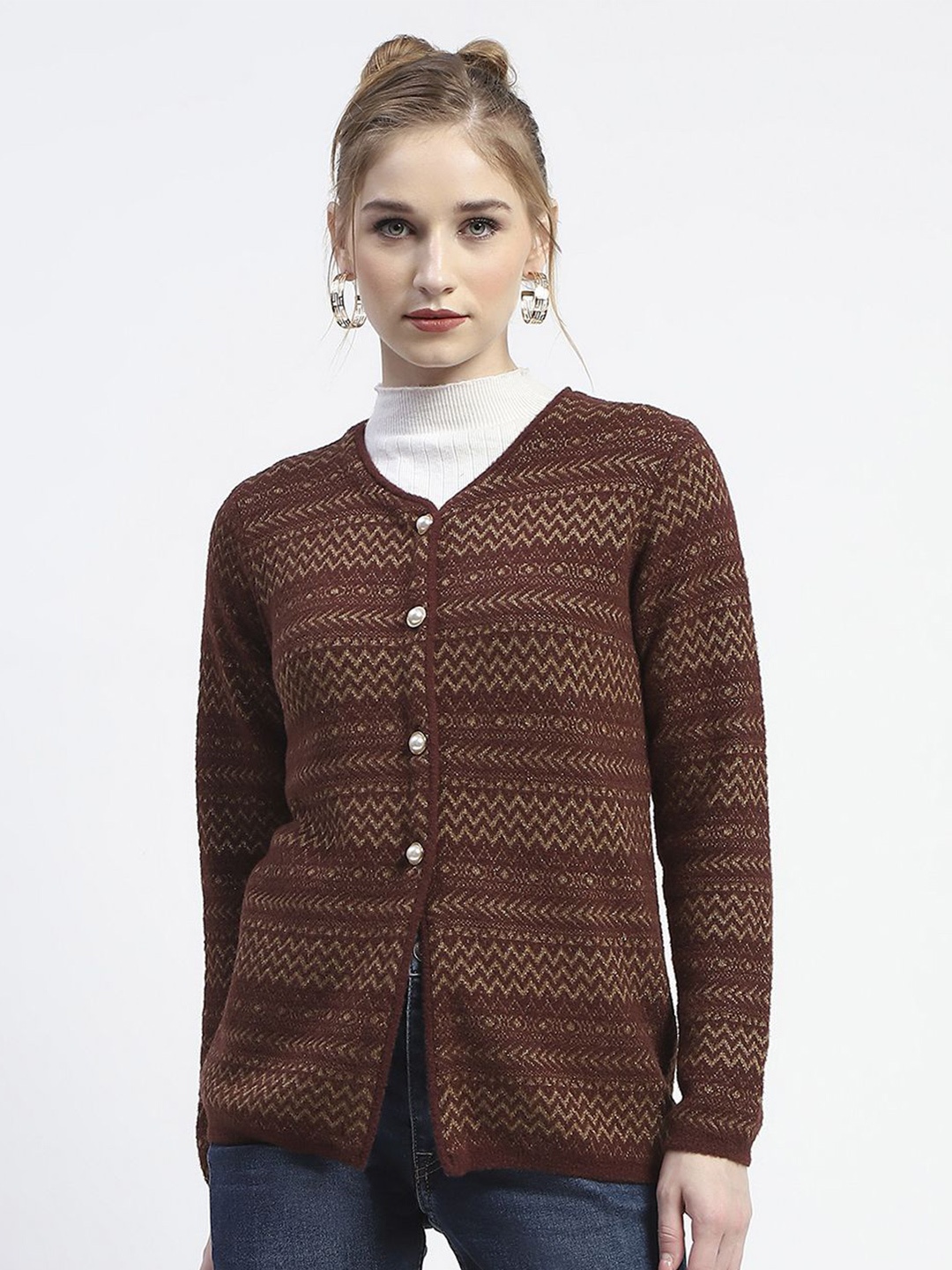 

Madame Women Striped Ribbed Cardigan Sweater, Brown
