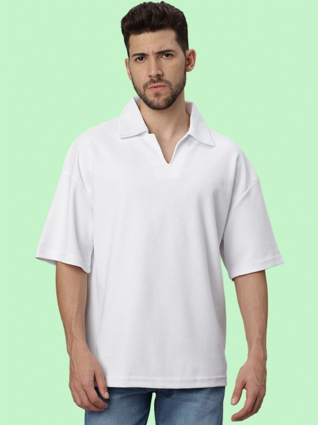 

Wear Your Opinion Men Solid Polo Collar Oversized T-shirt, White