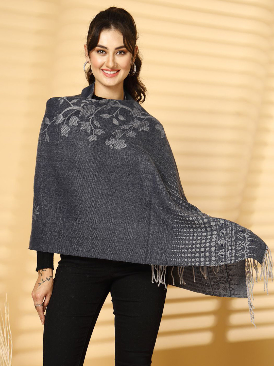 

Mafadeny Women Floral Woven Design Stole, Blue