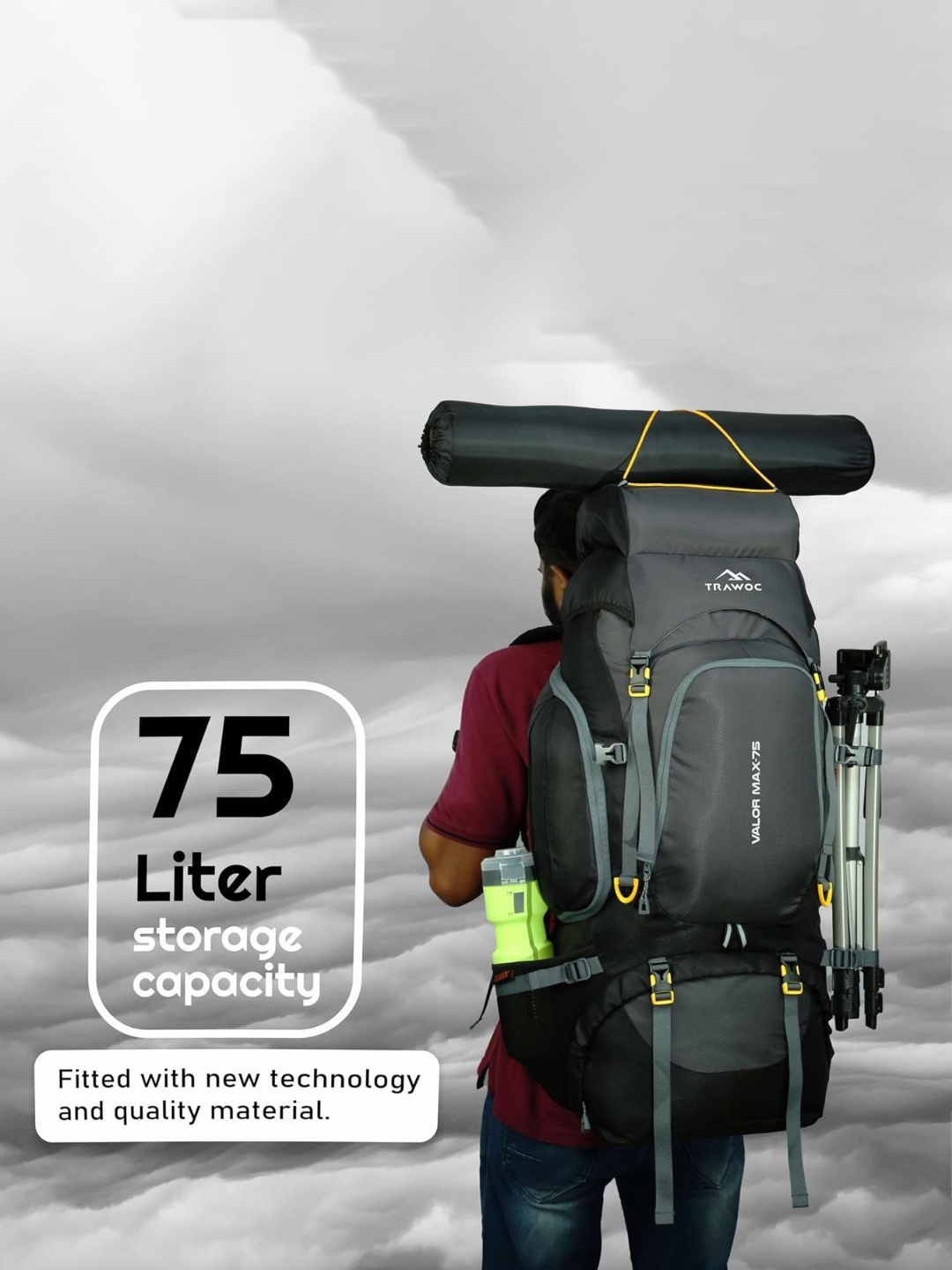 

TRAWOC VALOR MAX Solid 75L Travel Rucksack With Rain Cover, Grey