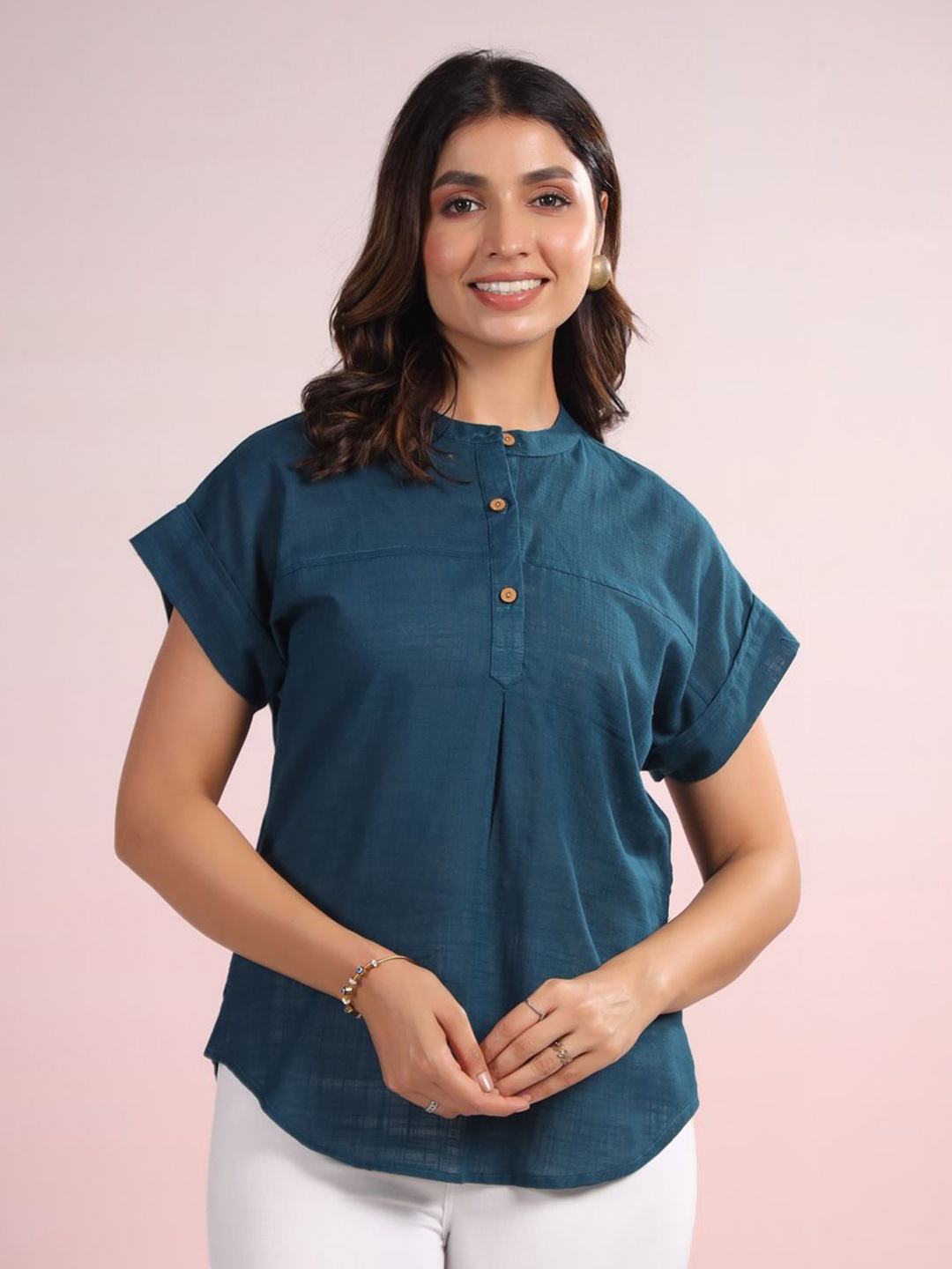 

LYFJ Women Solid Mandarin Collar Cotton Top, Teal
