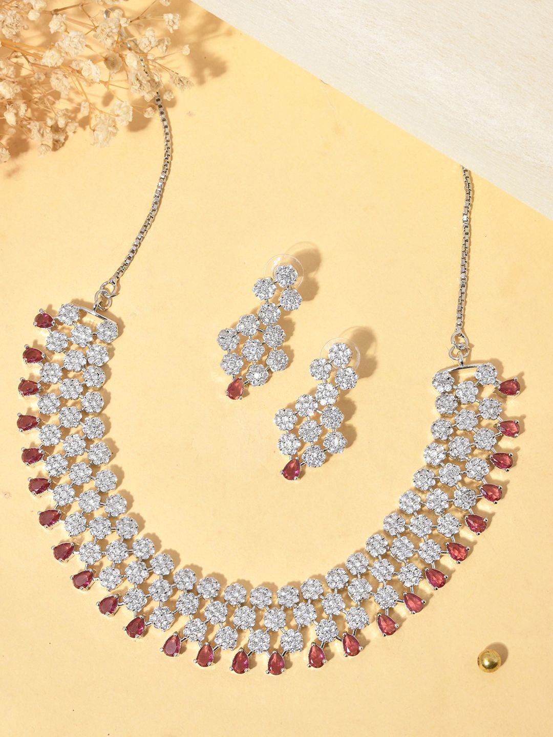 

Silvermerc Designs Silver-Plated American Diamond-Studded Necklace & Earrings