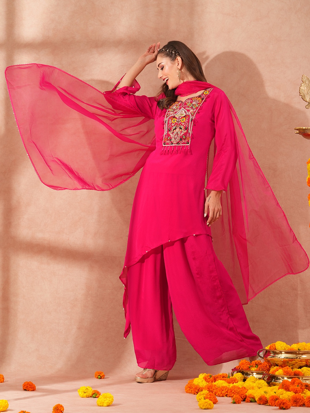 

Envy Me by FASHOR Floral Embroidered Regular Beads Work Kurta With Palazzo With Dupatta, Pink