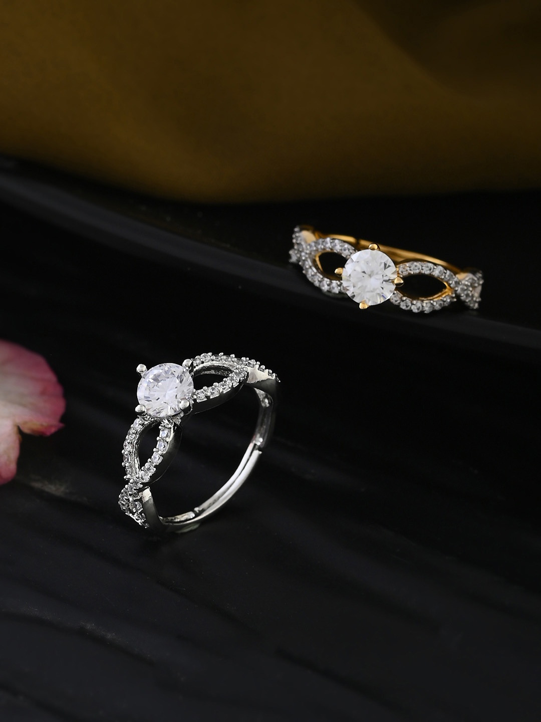 

Shoshaa Set Of 2 Gold & Silver-Plated Cubic Zirconia-Studded Finger Rin