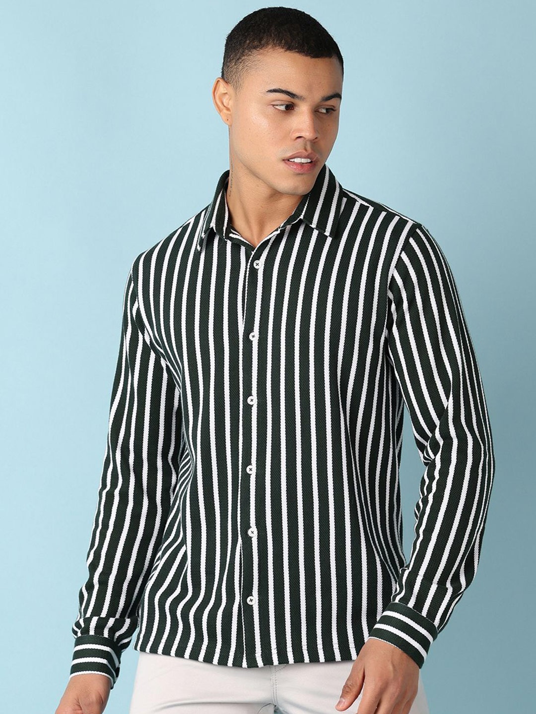 

V-Mart Men Spread Collar Vertical Striped Cotton Casual Shirt, Beige