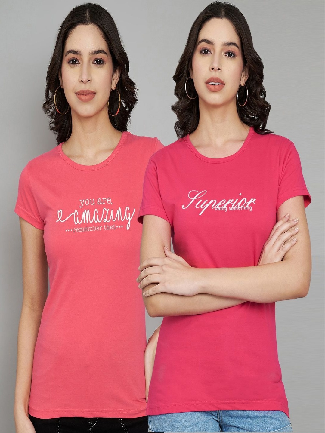 

Trend Level Women Pack Of 2 Typography Printed Round Neck Cotton T-shirts, Coral