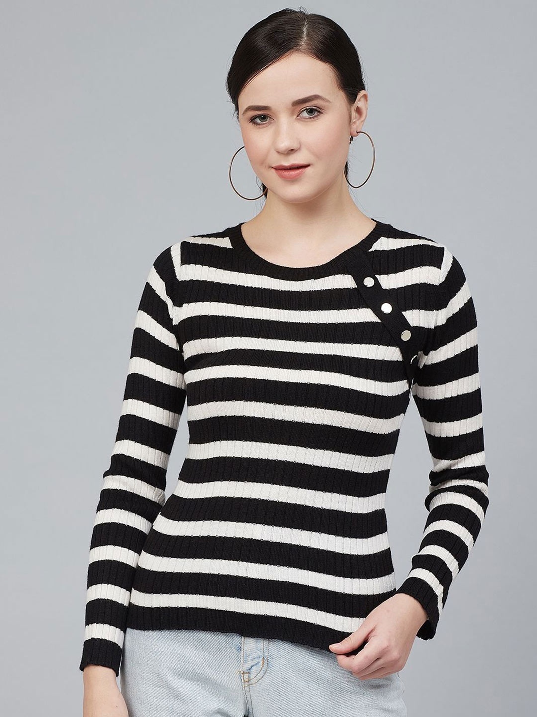 

Cayman Women Striped Round Neck Pullover Sweater, Black