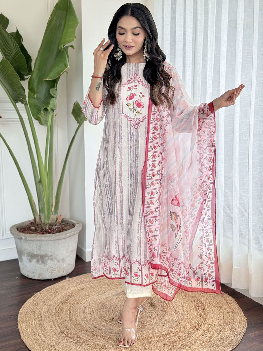 

Meena Bazaar Floral Printed Kurta with Trousers & Dupatta, Cream