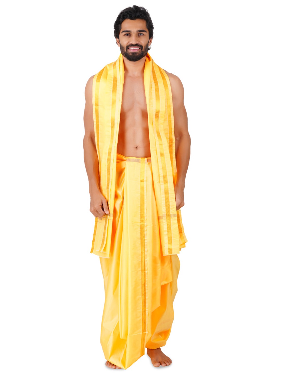 

Ramraj Men Art Silk Panchakacham Dhoti with Angavastram, Yellow