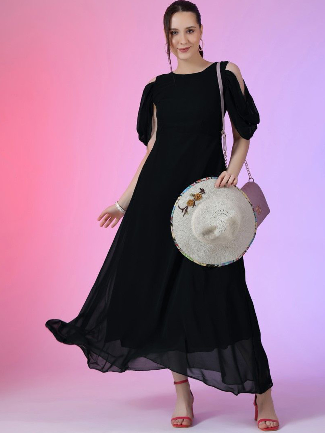 

Femvy Solid Georgette Maxi Dress, Black