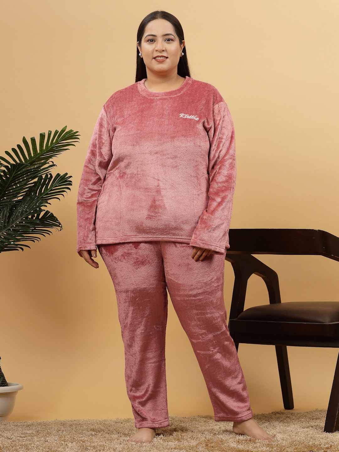 

KLOTTHE Women Solid Plus Size Woolen Night Suit, Rust
