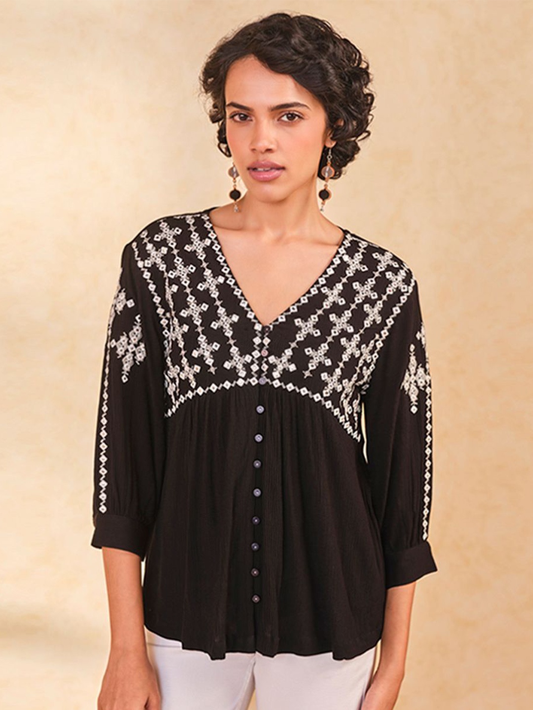 

Global Desi Women Ethnic Motifs Printed V-Neck Top, Black