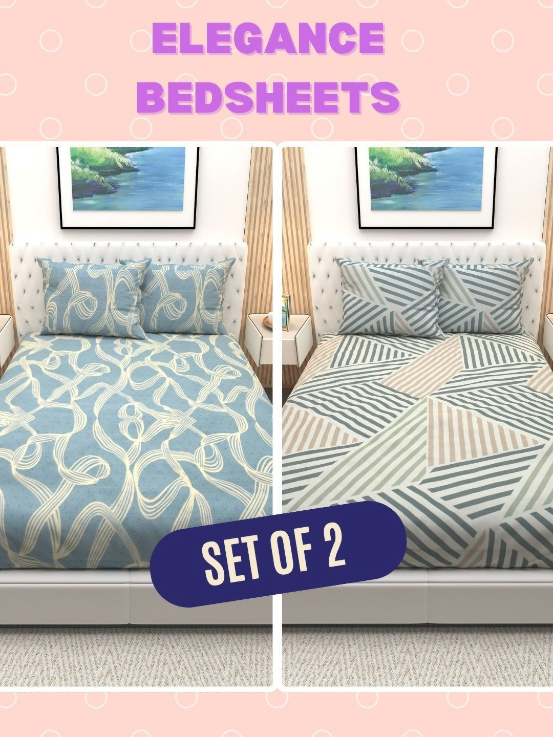 

Athom Living Pack Of 2 Printed Cotton Double Queen Bedsheets With 4 Pillow Covers, Beige