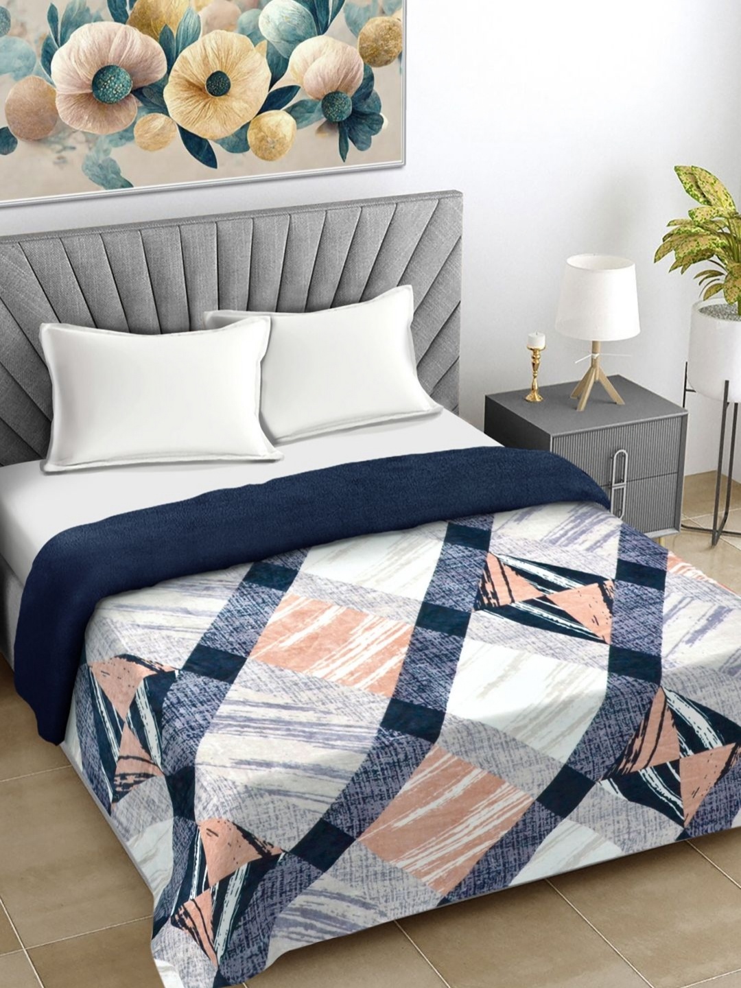 

FABINALIV Blue & White Geometric 400 GSM Woollen Mild Winter Double Bed Comforter