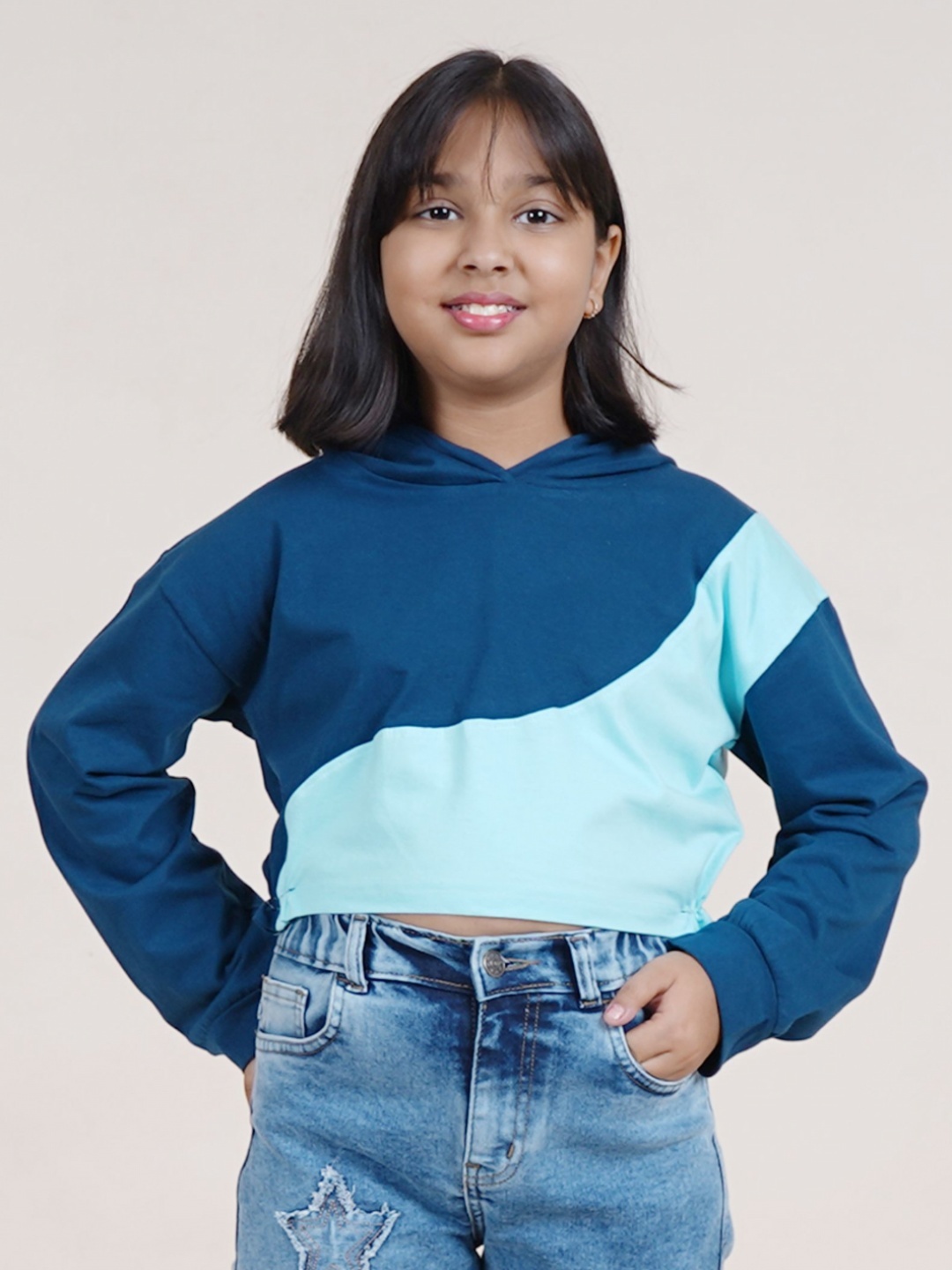 

KiddoPanti Girls Colourblocked Hood Pure Cotton T-shirt, Teal