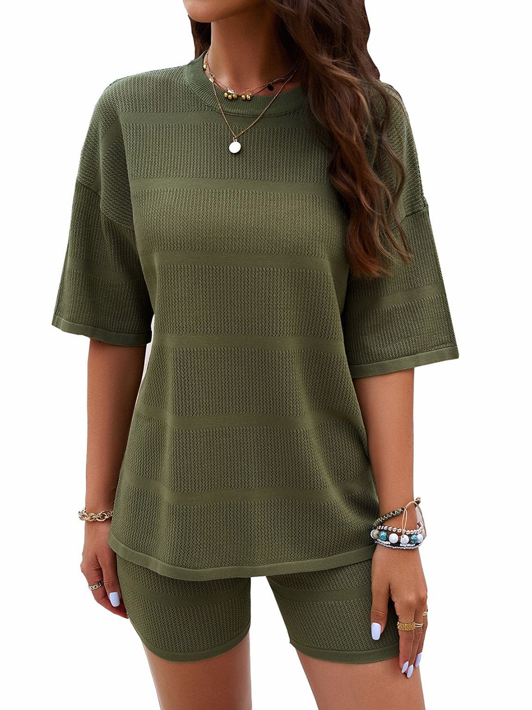 

StyleCast Women Self Design Sweater With Shorts Co-Ords, Green