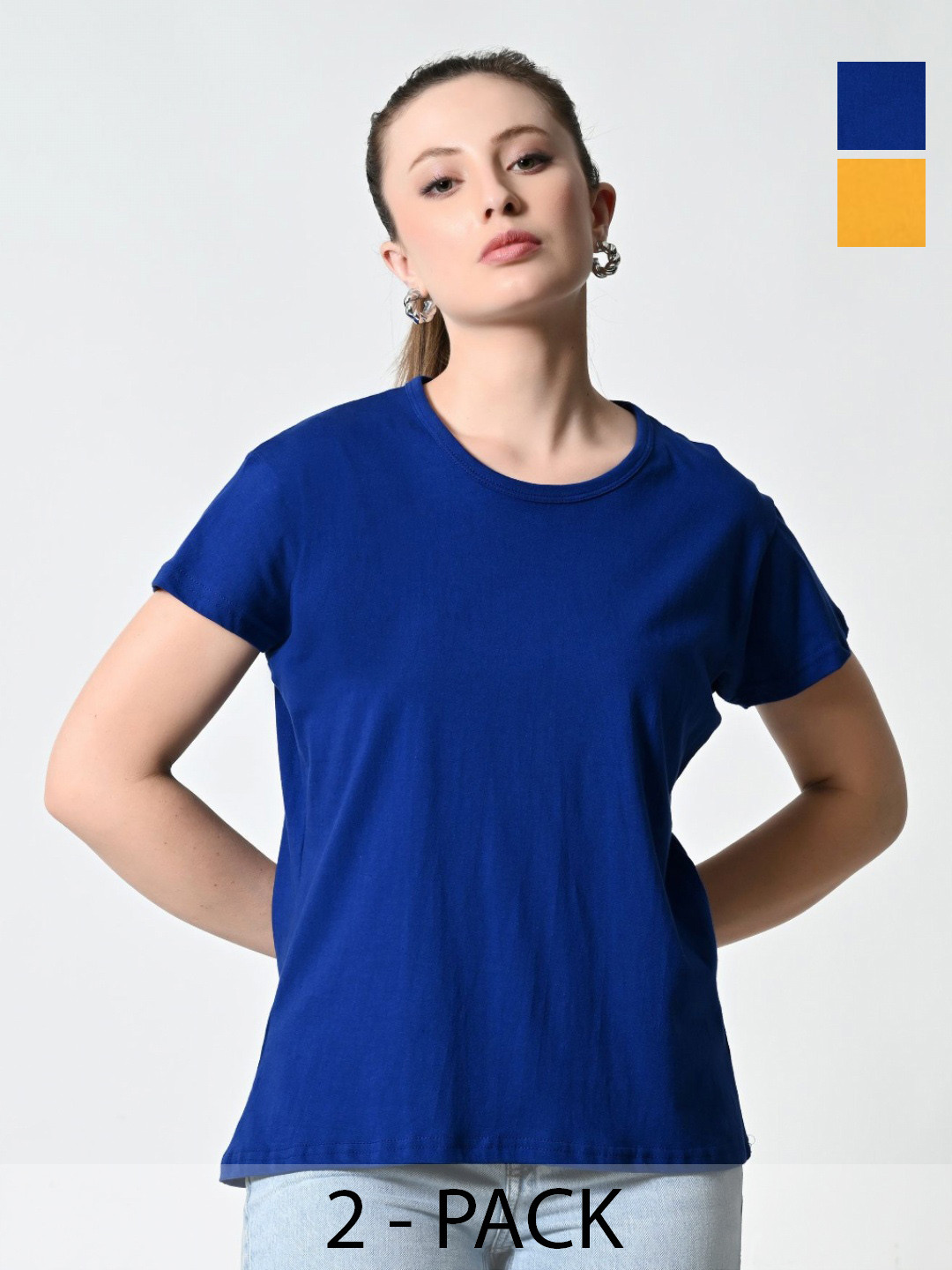 

BAESD Women Pack Of 2 Solid Round Neck Cotton T-shirts, Blue