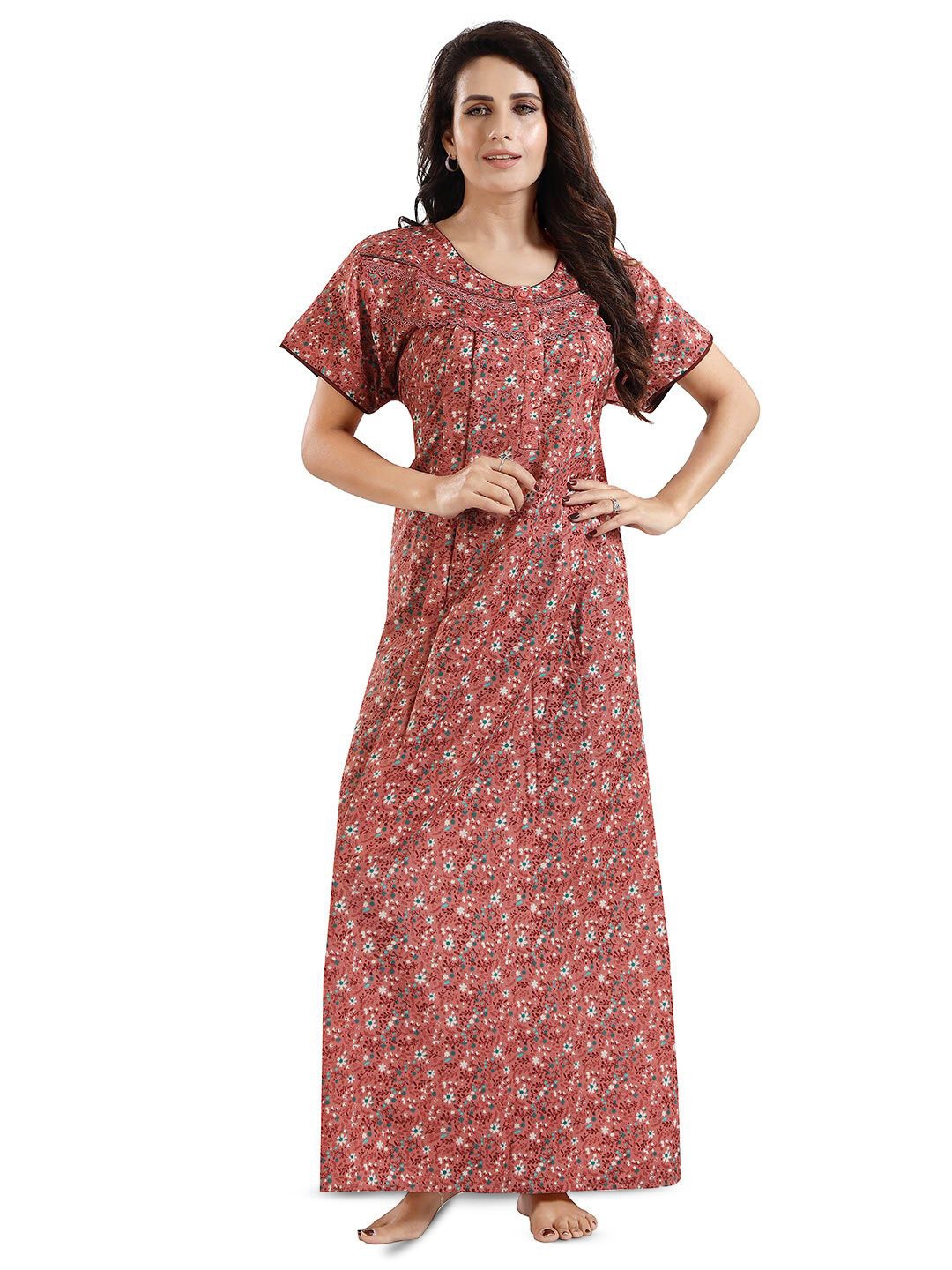

NIGHT QUEEN Printed Pure Cotton Maxi Nightdress, Brown