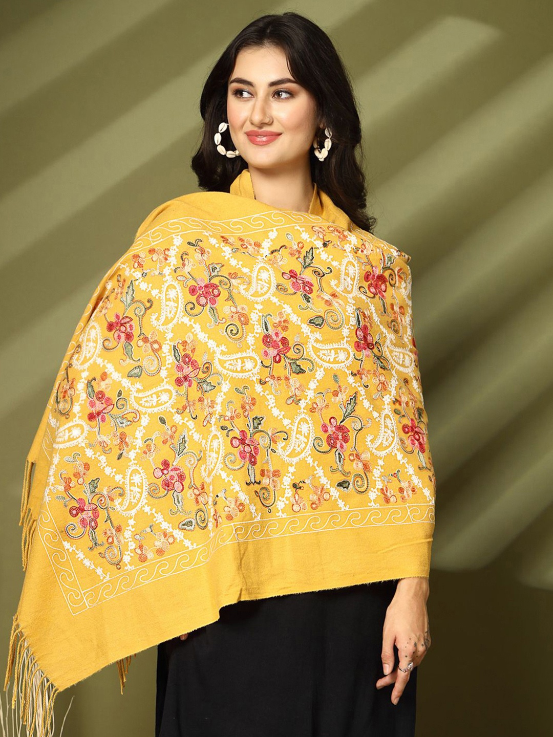 

Mafadeny Women Embroidered Stole, Mustard