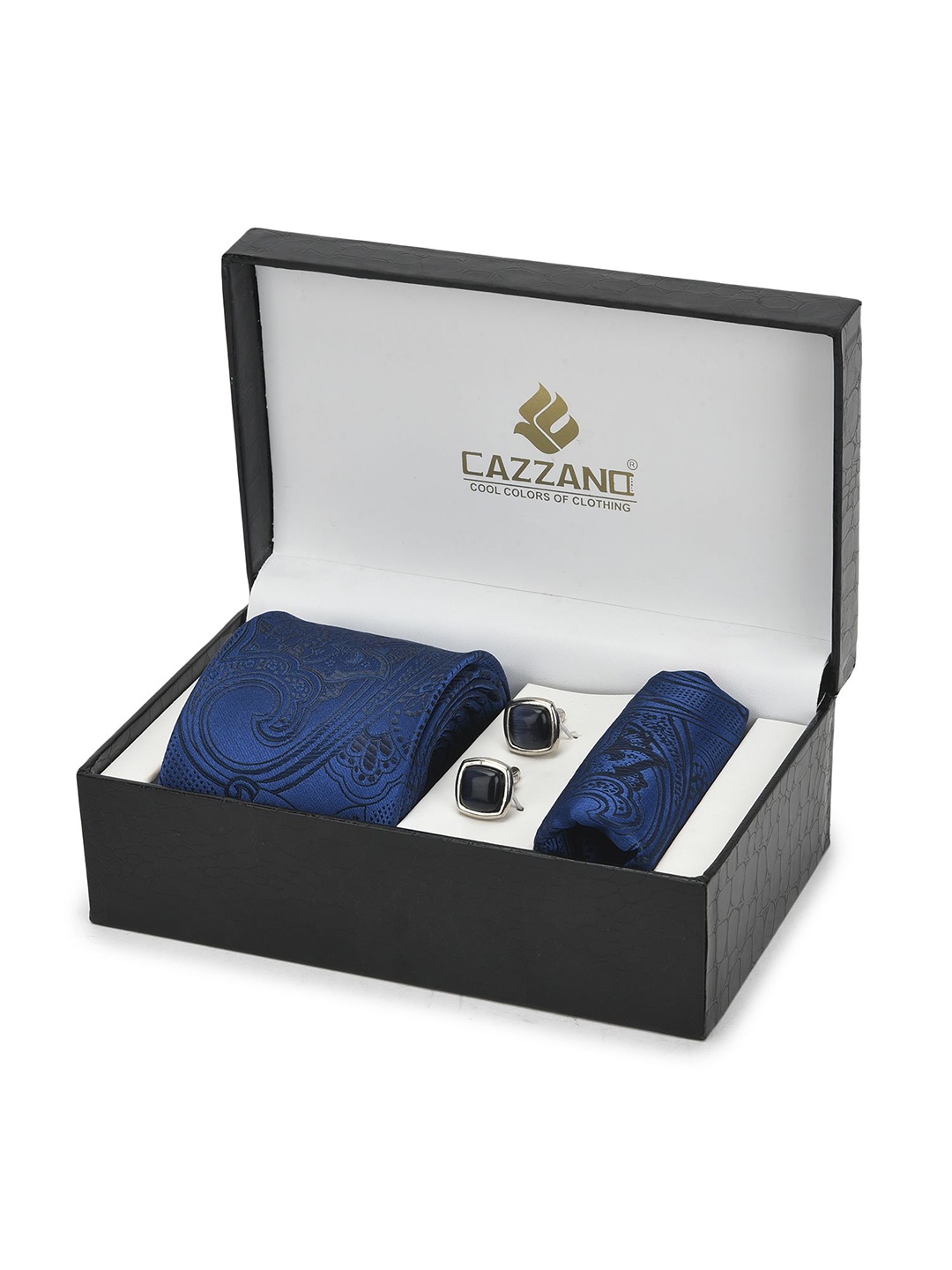 

Cazzano Men Floral Embroidered Slim Tie Cufflinks & Pocket Square Accessory Gift Set, Blue