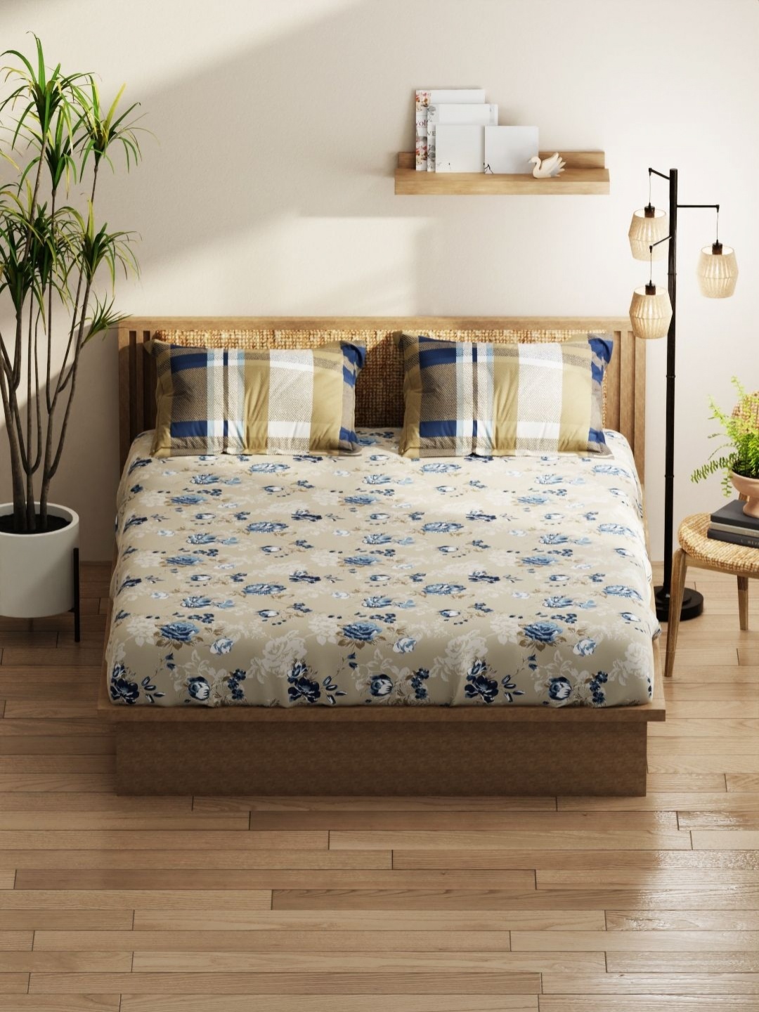 

KOPA Beige Printed Microfiber 152 TC Queen Bedsheet with 2 Pillow Covers 2.18 x 2.3m